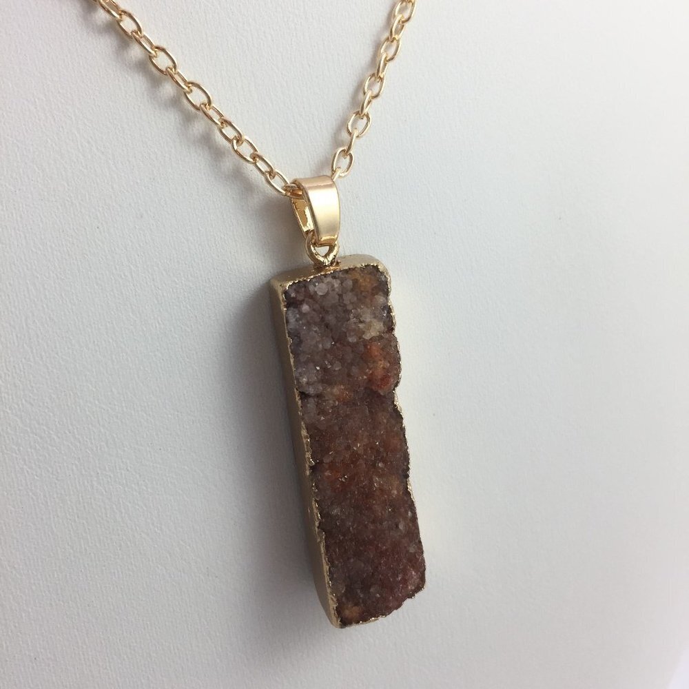 Necklace pendant jewelry orange colored druzy quartz yellow gold tone with chain